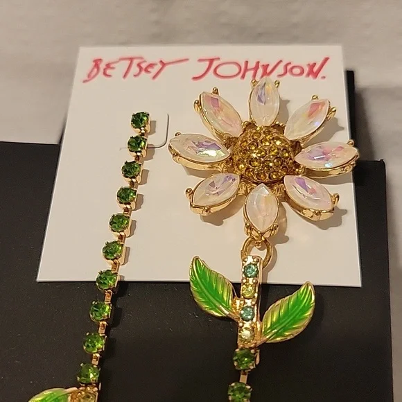 NEW Betsey Johnson Daisy Flower Gold Iridescent Crystal Dangling Earrings - Picture 5 of 6